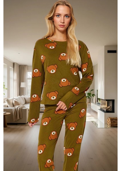 Kadın Ayıcıklı Pijama Takımı %100 Pamuk Boru Paça Uzun Kollu Rahat Uyku Özel Tasarım Ömürlü