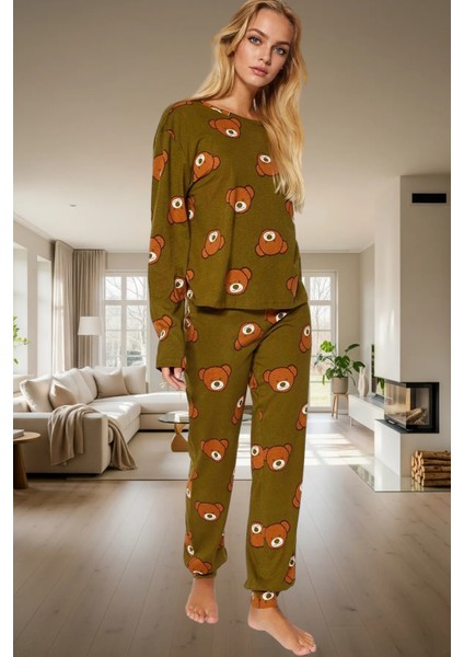 Kadın Ayıcıklı Pijama Takımı %100 Pamuk Boru Paça Uzun Kollu Rahat Uyku Özel Tasarım Ömürlü fiyatları