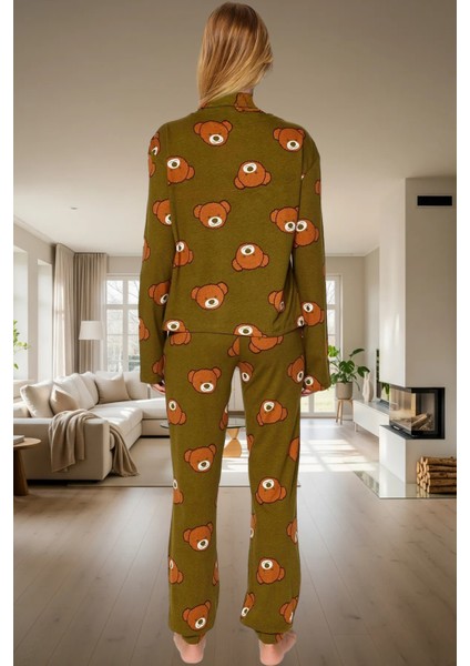 Kadın Ayıcıklı Pijama Takımı %100 Pamuk Boru Paça Uzun Kollu Rahat Uyku Özel Tasarım Ömürlü modelleri