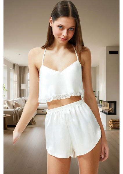 Kadın Ince Askılı Dantelli Crop Saten Pijama Takımı Günlük Kullanım Için Rahat