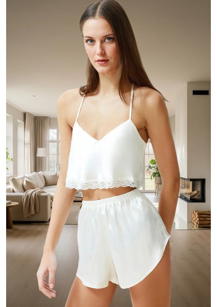 Kadın Ince Askılı Dantelli Crop Saten Pijama Takımı Günlük Kullanım Için Rahat fiyatları