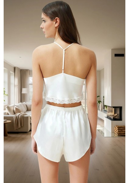 Kadın Ince Askılı Dantelli Crop Saten Pijama Takımı Günlük Kullanım Için Rahat modelleri