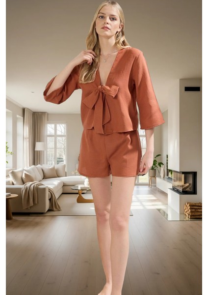 Kadın Pamuklu Müslin Pijama Takımı Şal Yaka Truvakar Kol Geniş Paça Profesyonel Görünüm