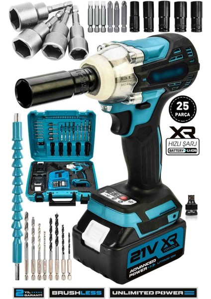 25 Parça Çift Batarya Somun Sıkma Sökme Şarjlı Darbeli Matkap Akülü Oto Vidalama