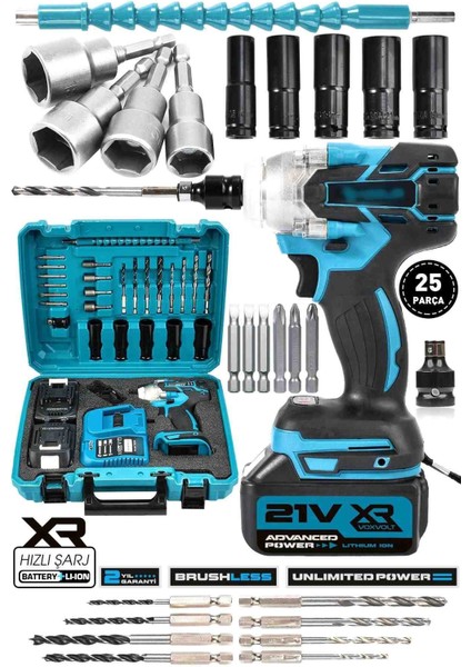 25 Parça Çift Batarya Somun Sıkma Sökme Şarjlı Darbeli Matkap Akülü Oto Vidalama modelleri