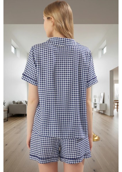 Kadın Ekoseli Kısa Kollu Viskoz Pijama Takımı Yüksek Kalite Rahat ve Şık modelleri