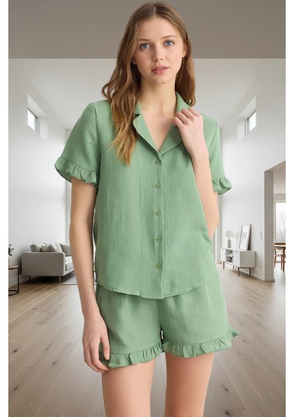 Kadın Acı Pamuklu Fırfırlı Müslin Pijama Takımı Rahat ve Şık Trend Tasarım Premium Kalite fiyatları