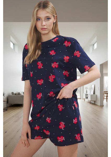 Kadın Kısa Kollu Bisiklet Yaka Pamuklu Pijama Takımı Günlük Kullanım Için Rahat ve Şık Uzun Ömürlü