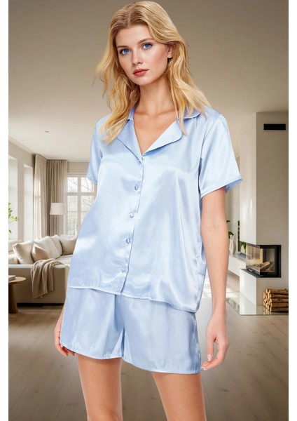 Kadın Saten Pijama Takımı Kısa Kollu Gömlek ve Şort Rahat Ev Giyim Seti Özel Tasarım Modern Stil