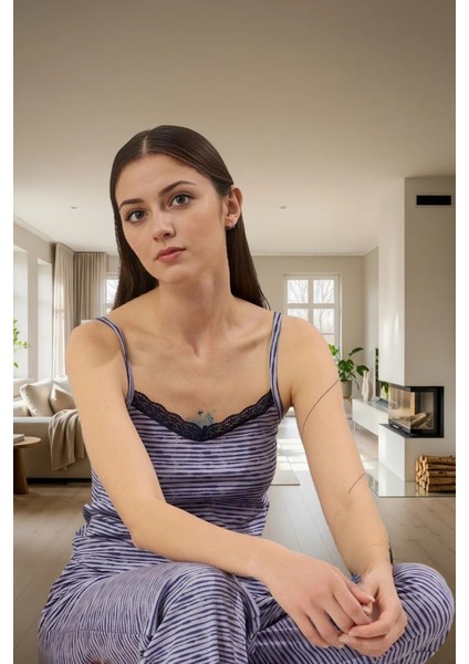 Kadın Rahat Pamuklu Çizgili Pijama Takımı Ince Askılı V Yaka Homewear Uzun Ömürlü Özel Tasarım