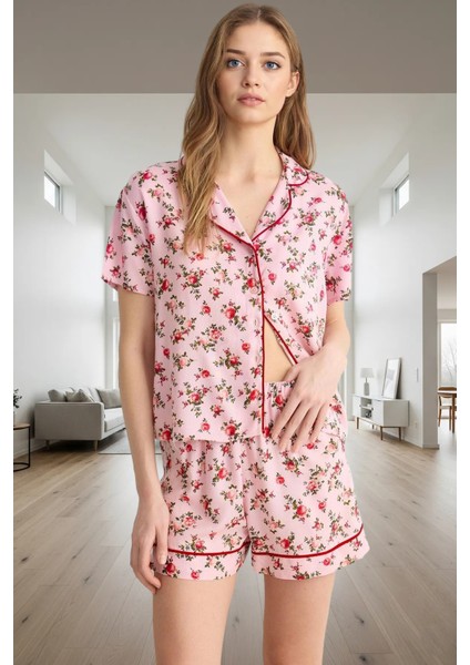 Kadın Kısa Kollu Çiçekli Viskon Pijama Takımı Konforlu Kesim Dayanıklı Malzeme Mükemmel Uyum