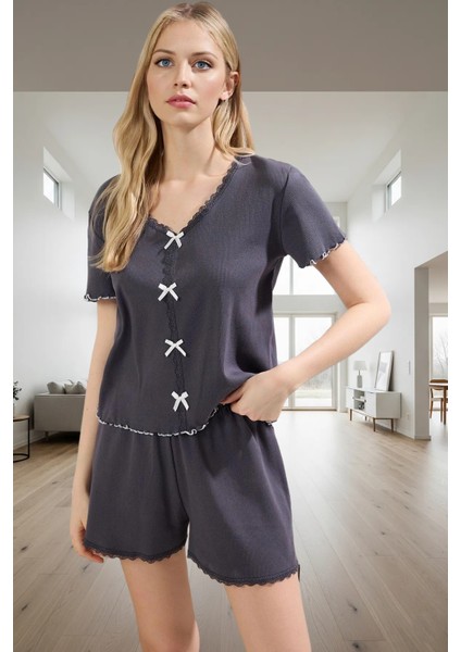 Kadın Pamuklu Örme Pijama Takımı V Yaka Kısa Kol Dantel Detay Yüksek Kalite Özel Tasarım