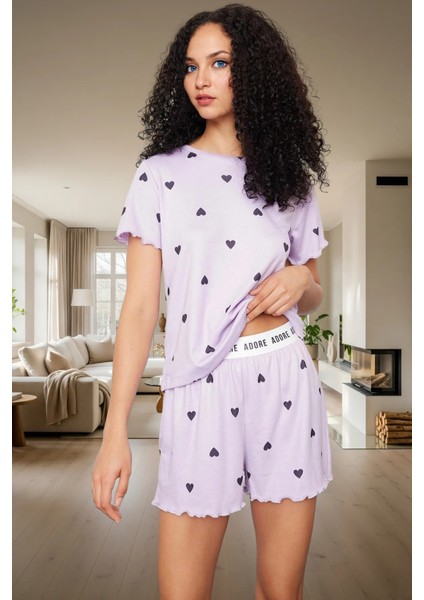 Kadın Kalpli Pijama Takımı Kısa Kollu Regular Kalıp Yazlık Rahat Özenle Seçilmiş
