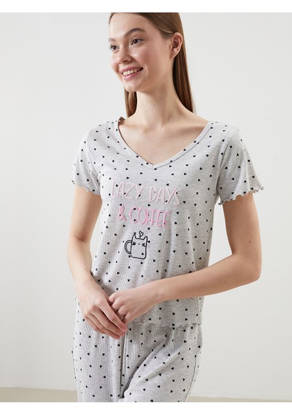 Yeni Sezon V Yaka Desenli Kadin Kaprili Pijama Takimi - S5GU43Z8 fiyatları