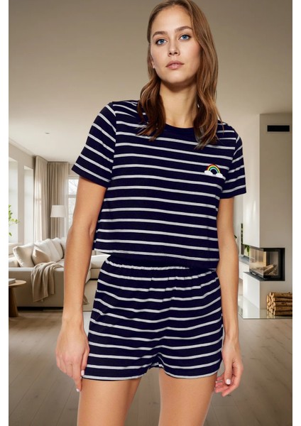 Kadın Çizgili Viskoz Pijama Takımı Rahat Ev Giyim Seti Günlük Kullanım Için