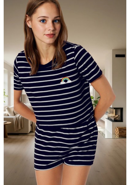 Kadın Çizgili Viskoz Pijama Takımı Rahat Ev Giyim Seti Günlük Kullanım Için fiyatları