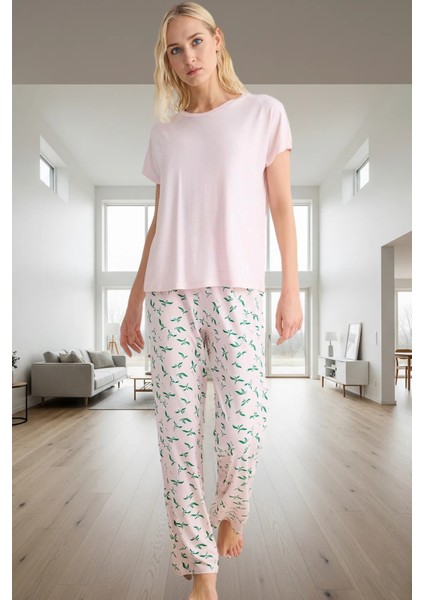 Kadın Rahat Viskon Pijama Takımı Çiçekli Desenli Basic Kalıp Konforlu Kesim Yüksek Kalite