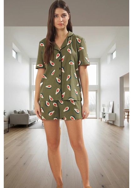 Kadın Avokado Desenli Pamuklu Pijama Takımı Konforlu Kesim Dayanıklı Malzeme Yüksek Kalite