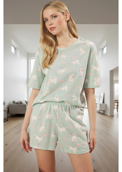Kadın Regular Kalıp Kısa Kollu %100 Pamuklu Kedili Pijama Takımı Kaliteli Işçilik Rahat Kullanım