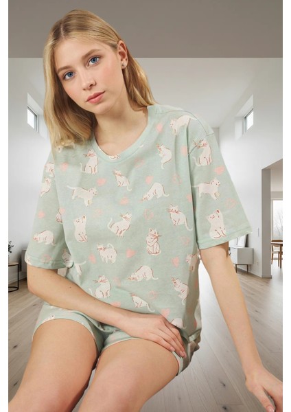 Kadın Regular Kalıp Kısa Kollu %100 Pamuklu Kedili Pijama Takımı Kaliteli Işçilik Rahat Kullanım fiyatları