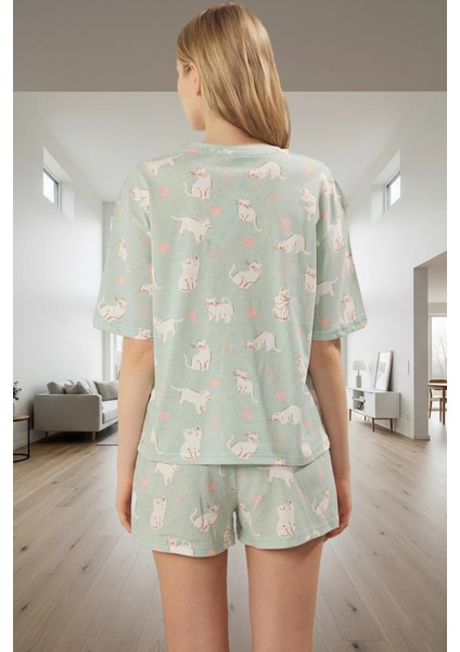 Kadın Regular Kalıp Kısa Kollu %100 Pamuklu Kedili Pijama Takımı Kaliteli Işçilik Rahat Kullanım modelleri