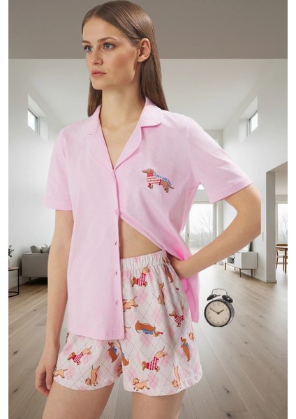 Kadın Pamuklu Köpek Desenli Regular Pijama Takımı Yazlık Rahat Uyku Seti Yüksek Kalite Uzun Ömürlü