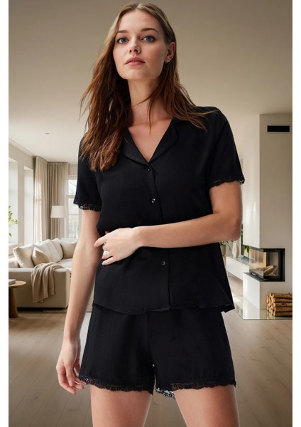 Kadın Dantelli Viskon Pijama Takımı Şortlu Rahat Yazlık Kaliteli Işçilik Modern Stil Konforlu Kesim