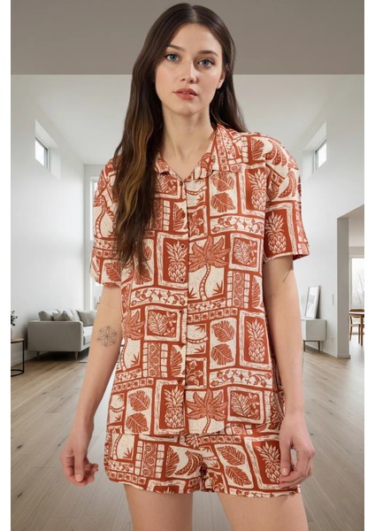 Kadın Tarçın Etnik Desenli Shally Pijama Takımı Rahat Yazlık Ev Giyim Seti Trend Tasarım Seçkin Malzeme fiyatları
