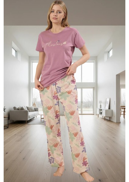 Kadın Çiçekli Bisiklet Yaka Pamuklu Kısa Kollu Pijama Takımı Konforlu Kesim Zarif Tasarım