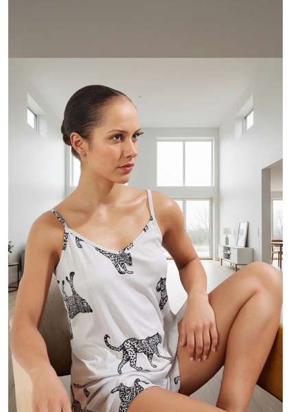 Kadın Hayvan Desenli Ince Askılı Pijama Takımı Rahat Örme Kumaştan Özel Tasarım