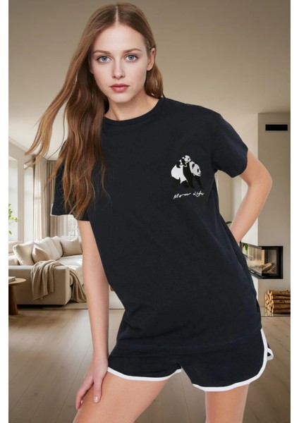 Kadın Panda Baskılı Pamuklu Kısa Kollu Pijama Takımı Rahat Yazlık Homewear Mükemmel Uyum