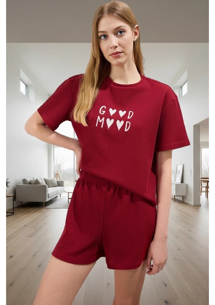 Kadın Waffle Pijama Takımı Good Mood Desenli Kısa Kol Mükemmel Uyum Şık Görünüm Özel Tasarım fiyatları