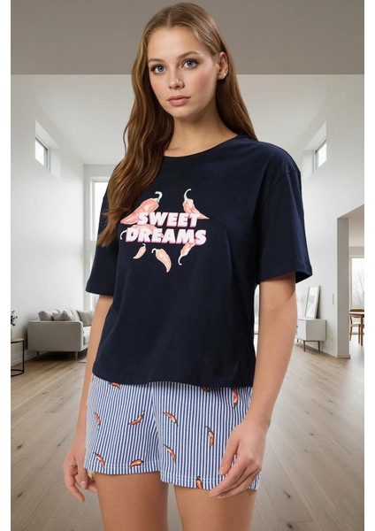 Kadın Kısa Kollu Bisiklet Yaka Pamuklu Pijama Takımı Yazlık Rahat Homewear Seçkin Malzeme