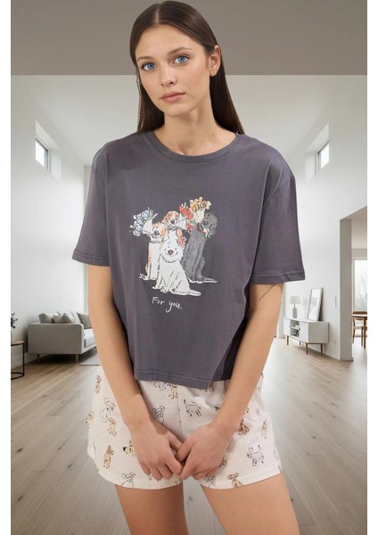 Kadın Köpek Baskılı Pamuklu Pijama Takımı Rahat Yazlık Ev Giyim Seti Şık Görünüm Profesyonel fiyatları