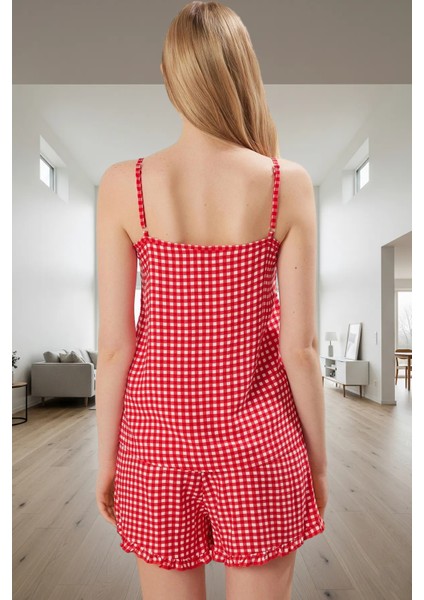 Kadın Yazlık Ekose Viskoz Pijama Takımı Ince Askılı V Yaka Fırfırlı Detaylar modelleri