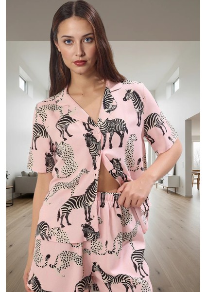 Kadın Hayvan Desenli Viskon Pijama Takımı Şortlu Rahat Yazlık Yüksek Kalite Premium