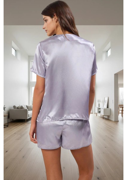 Kadın Saten Pijama Takımı Kısa Kol V Yaka Bağcıklı Regular Kalıp Rahat Ev Giyim Seti modelleri