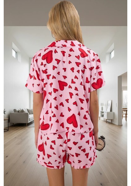 Kadın Şortlu Pijama Takımı Kalpli Desenli Viskoz Yazlık Rahat Şık Görünüm Günlük Kullanım Için fiyatları