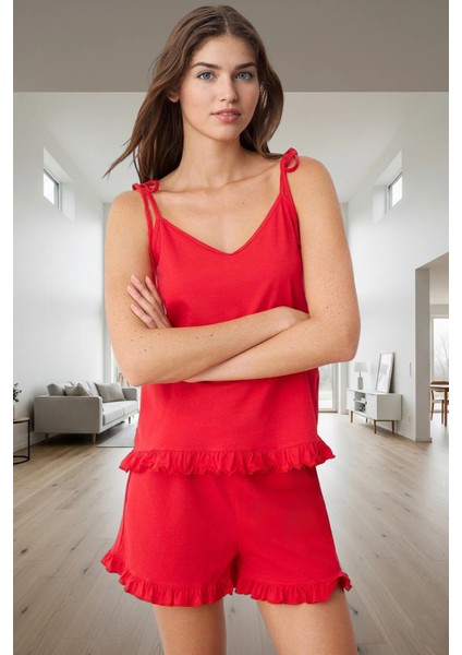 Kadın Pamuklu V Yaka Kolsuz Pijama Takımı Rahat Kullanım Modern Stil Yüksek Kalite