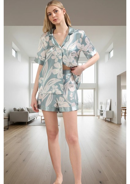 Kadın Çiçekli Saten Pijama Takımı Rahat Ev Giyim Seti Yazlık Kullanım ve Şık Görünüm
