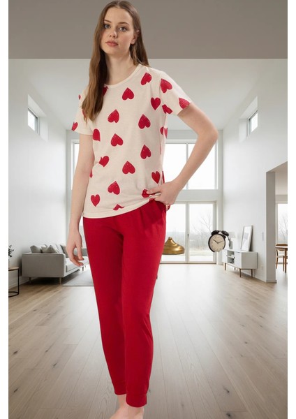 Kadın Pamuklu Kalpli Desenli Rahat Pijama Takımı Kullanım Modern Stil Premium Kalite Seçkin Malzeme