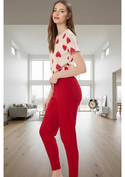 Kadın Pamuklu Kalpli Desenli Rahat Pijama Takımı Kullanım Modern Stil Premium Kalite Seçkin Malzeme fiyatları