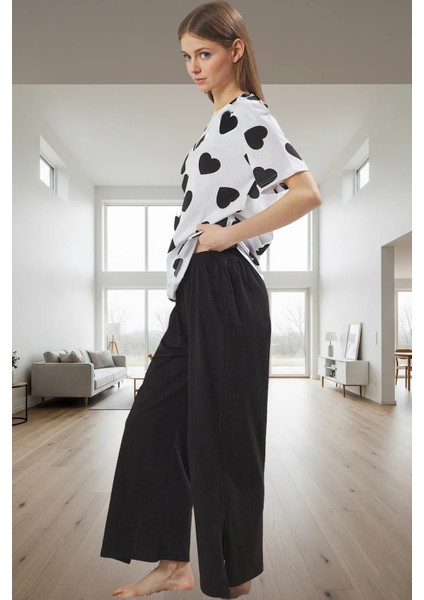 Kadın %100 Pamuklu Kalpli Pijama Takımı Rahat V Yaka Kısa Kollu Homewear Profesyonel Görünüm