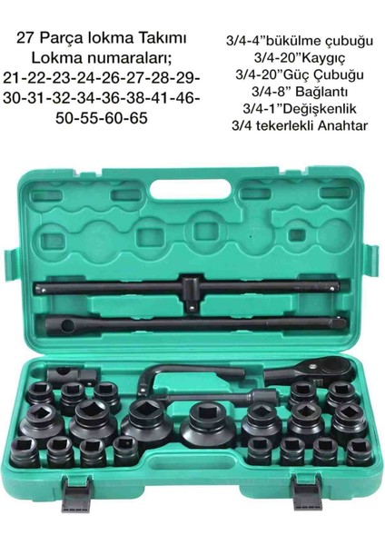 27 Parça Soket Seti 3/4 Inç Altıgen Dişli Cırcırlı Anahtar Otomotiv Kamyon Traktör Motor Onarım Somun Sıkma