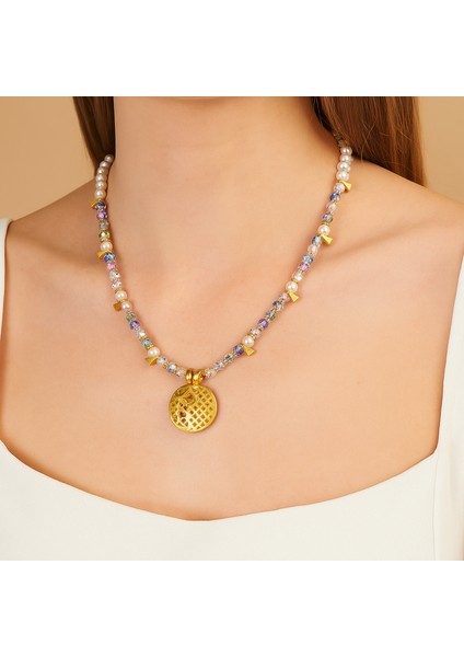 Ra Jewelery Yaşam Çiçeği Figürlü Kristal Taşlı ve Inci Detaylı Kolye - Mat Altın Kaplama