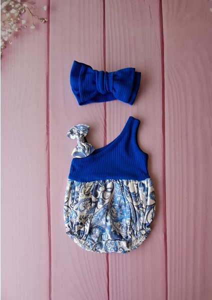 %100 Pamuklu Kız Bebek Bandanalı Mavi Tulum