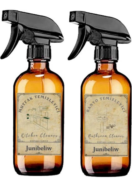 JUNİBELİW 2li Set Amber Vintage Kahverengi Cam Şişe Kavanoz 500 ml Banyo ve Mutfak Temizleyici Sprey 2X500 ml
