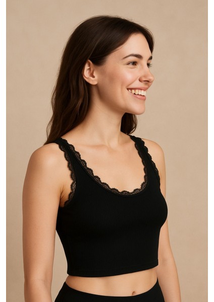 Berrak 2'li Kadın Ribana Pamuklu Kalın Askılı Dantel Detaylı Kısa Atlet