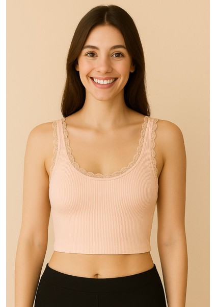 Berrak 2'li Kadın Ribana Pamuklu Kalın Askılı Dantel Detaylı Kısa Atlet