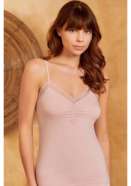 Berrak 2'li Ip Askılı Büzgülü Dantel ve Yaka Fitilli Pamuklu Atlet